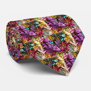 Kitty Cat Fall Leaves Colorful Artsy Design Tie