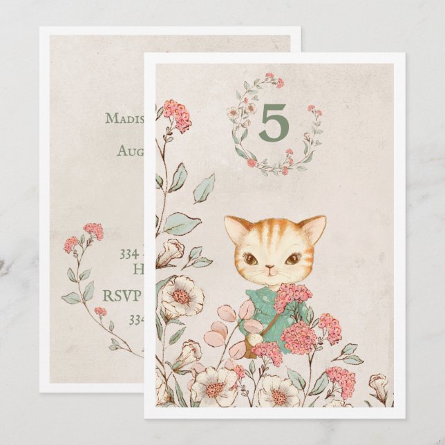 Kitty Cat Floral Girly Kitten 5-year-old Birthday Invitation (Front/Back)