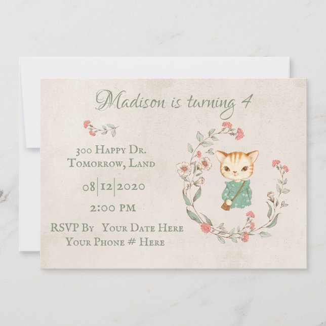 Kitty Cat Floral Girly Kitten Birthday Party Invitation (Front)