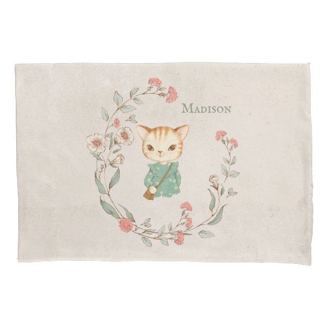 Kitty Cat Floral Personalised Name Girls Bedding Pillowcase (Front)
