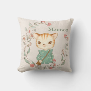 Kitty Cat Floral Personalised Name Girly Cushion