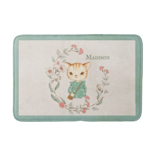 Kitty Cat Floral Personalised Name Girly Kitten Bath Mat