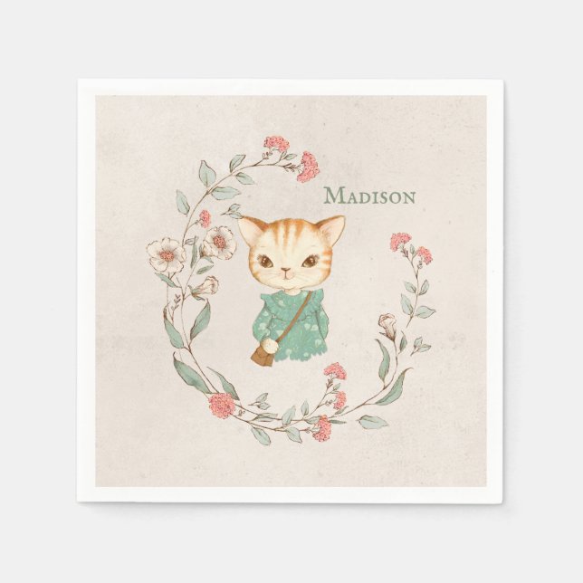 Kitty Cat Floral Personalised Name Girly Kitten Napkin (Front)