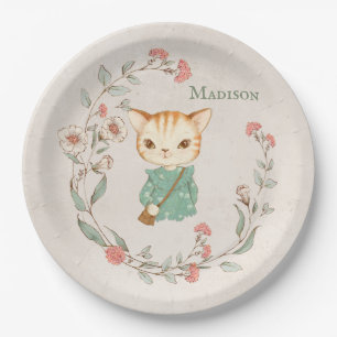 Kitty Cat Floral Personalised Name Girly Kitten Paper Plate