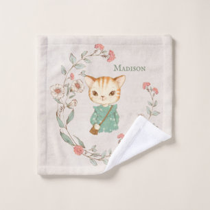 Kitty Cat Floral Personalised Name Girly Kitten Wash Cloth