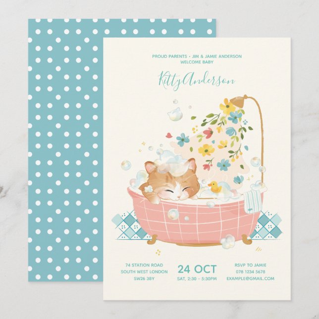 Kitty Cat Flower Bubble Bath Baby Shower Invitation (Front/Back)