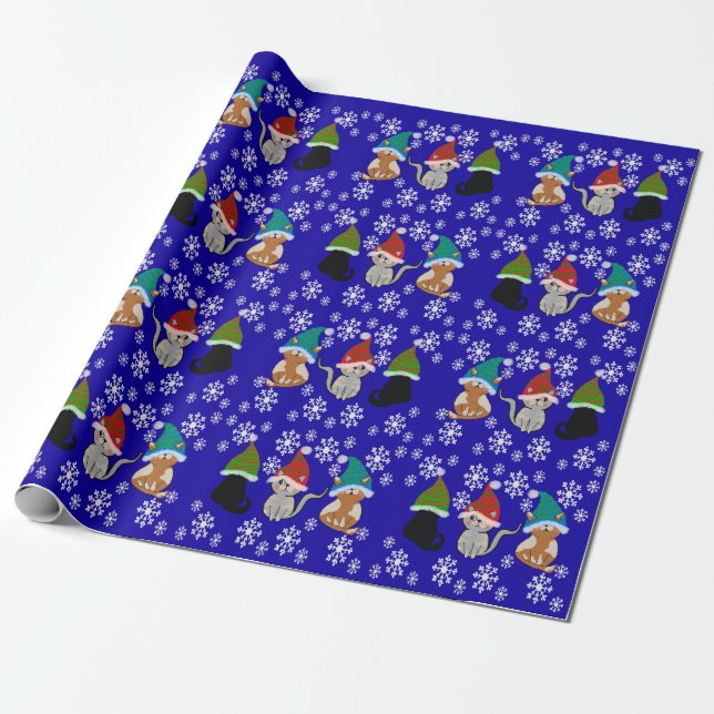 Kitty cat hats blue wrapping paper  (Unrolled)
