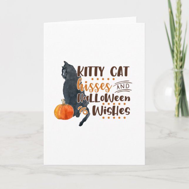 Kitty Cat Hisses And Halloween Wishes Design Card (Front)