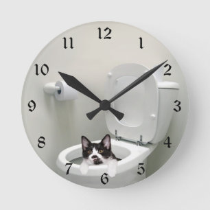 Kitty cat in toilet bowl round clock