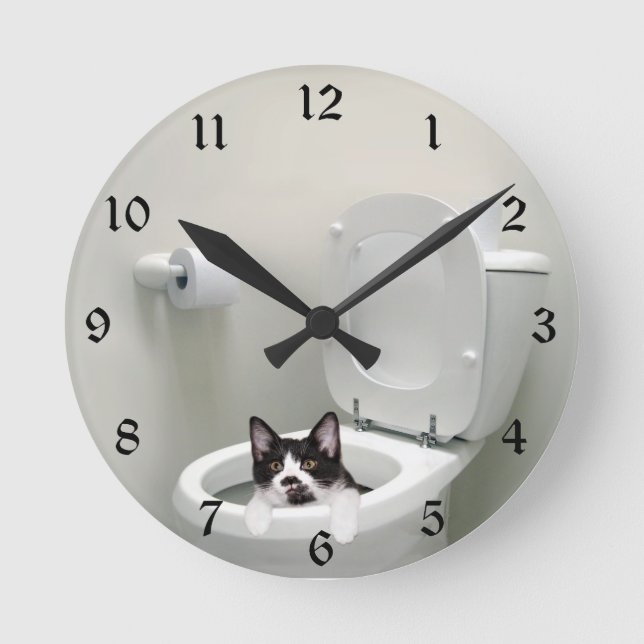 Kitty cat in toilet bowl round clock (Front)