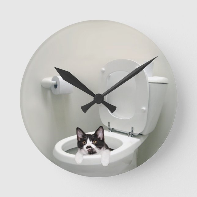 Kitty cat in toilet bowl round clock (Front)