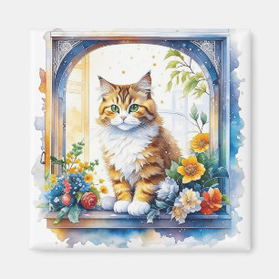 Kitty Cat in Window of Flowers Personalised Magnet