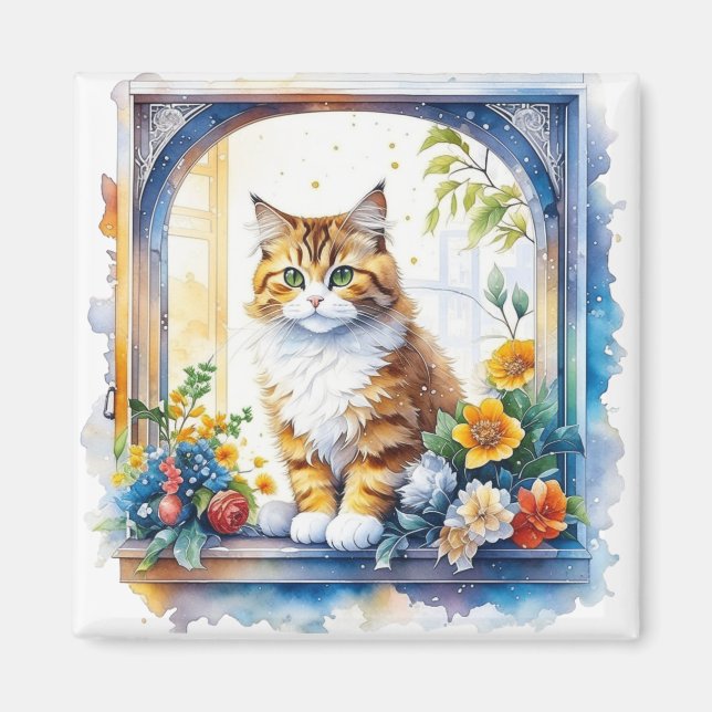 Kitty Cat in Window of Flowers Personalised Magnet (Front)