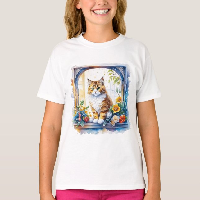 Kitty Cat in Window of Flowers   T-Shirt (Front)