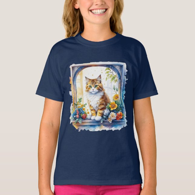 Kitty Cat in Window of Flowers   T-Shirt (Front)
