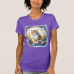 Kitty Cat in Window of Flowers   T-Shirt