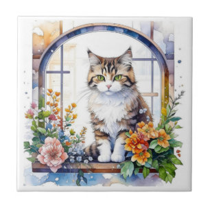 Kitty Cat in Window of Flowers Tile