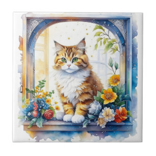 Kitty Cat in Window of Flowers   Tile