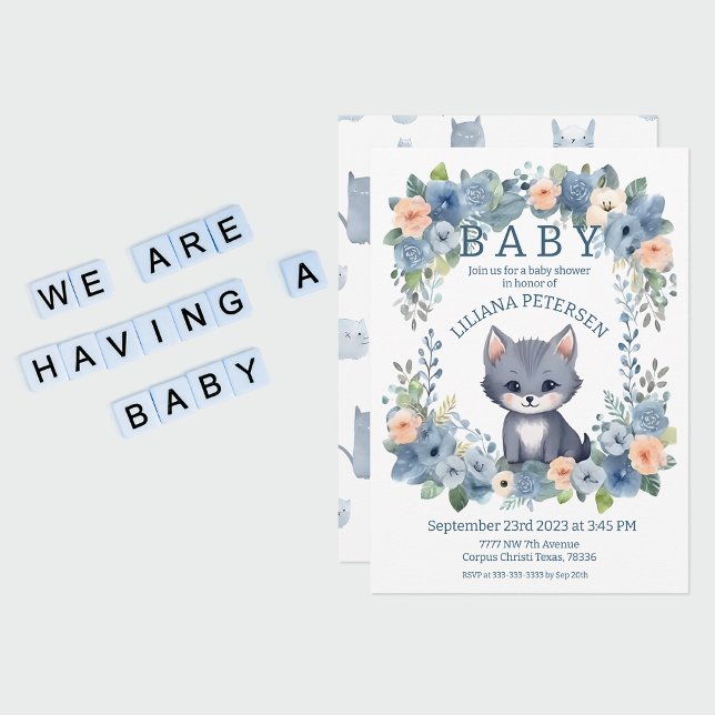 Kitty Cat Kitten Pastel Blue Boy Baby Shower Invitation (Baby Shower Invitation)
