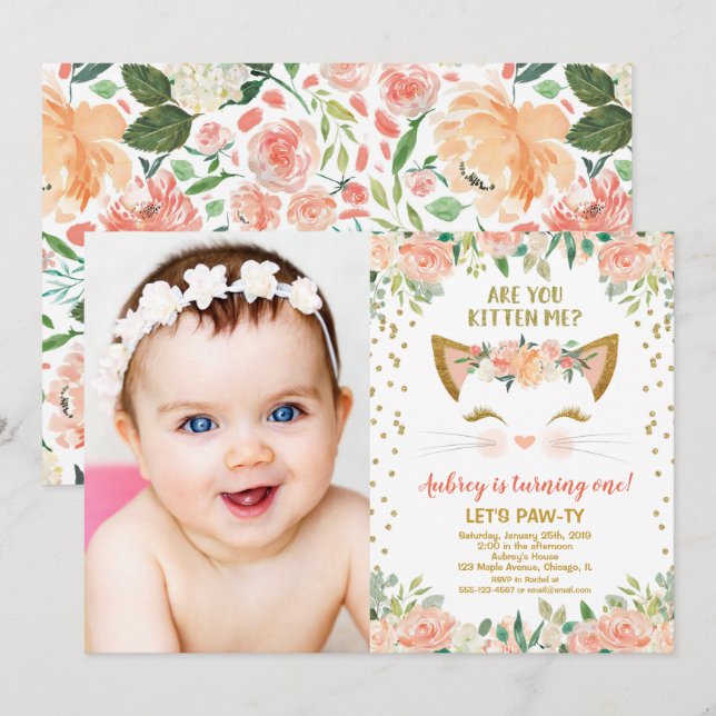 Kitty cat kitten peach cream girl birthday photo invitation (Front/Back)
