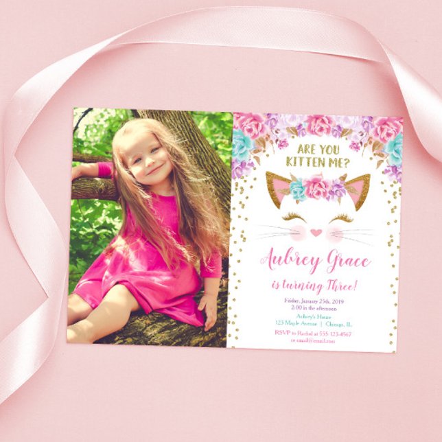 Kitty cat kitten pink gold glitter birthday photo invitation (Creator Uploaded)