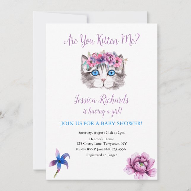 Kitty cat kitten pink purple girl baby shower invi invitation (Front)