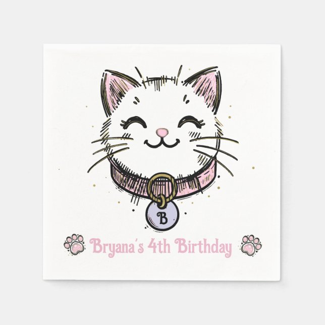 Kitty Cat Kitten Pink Purple Gold Birthday Party  Napkin (Front)