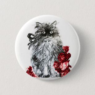 KITTY CAT,KITTEN WITH RED ROSES 6 CM ROUND BADGE