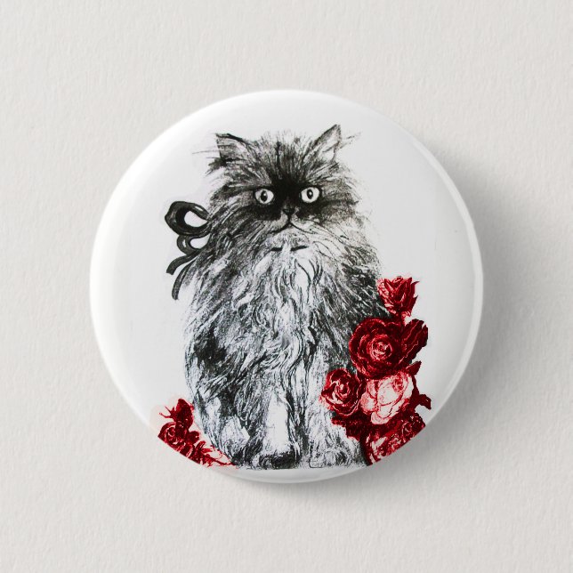 KITTY CAT,KITTEN WITH RED ROSES 6 CM ROUND BADGE (Front)