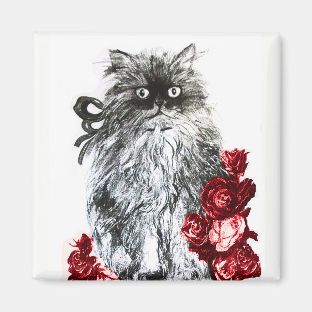 KITTY CAT,KITTEN WITH RED ROSES Black White Magnet (Front)