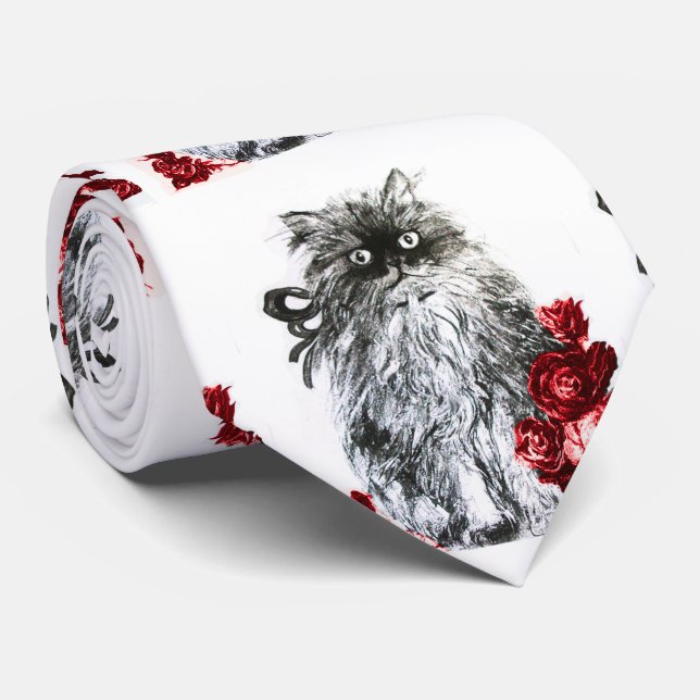 KITTY CAT,KITTEN WITH RED ROSES Black White Tie (Rolled)