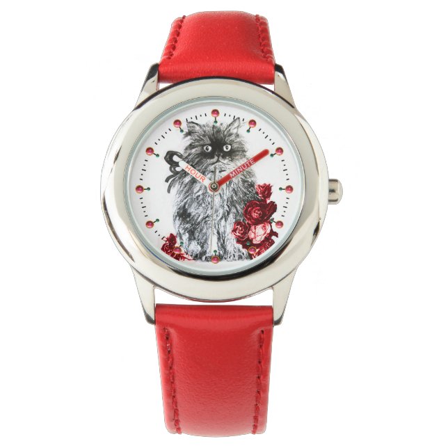 KITTY CAT / KITTEN WITH RED ROSES Black White Watch (Front)