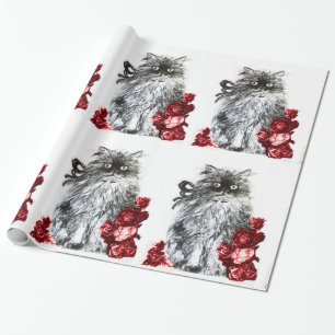 KITTY CAT /KITTEN WITH RED ROSES Black White Wrapping Paper