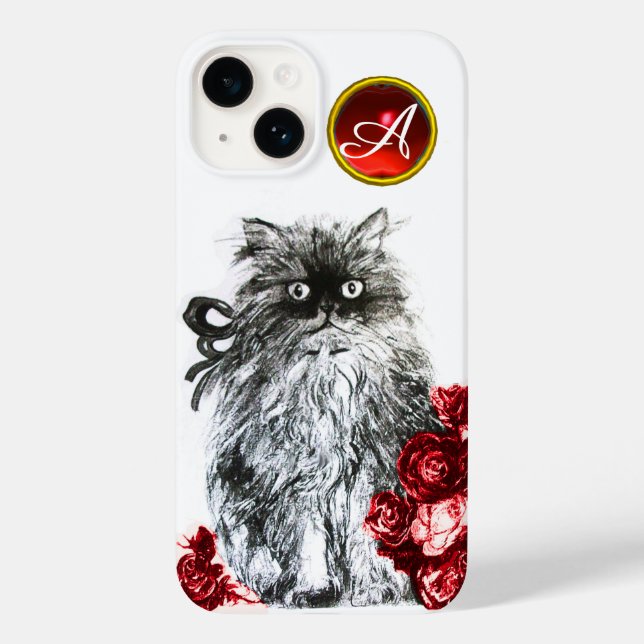 KITTY CAT,KITTEN WITH RED ROSES GEM MONOGRAM,white Case-Mate iPhone Case (Back)