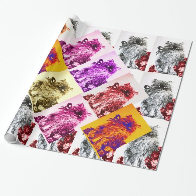 KITTY CAT /KITTEN WITH RED ROSES WRAPPING PAPER (Unrolled)