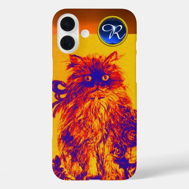 KITTY CAT,KITTEN YELLOW BLUE ROSES Gem Monogram Case-Mate iPhone Case (Back)