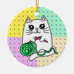 Kitty Cat Knitting with Yarn Ceramic Tree Decoration