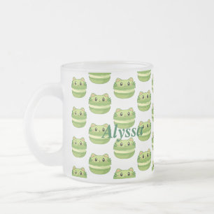 Kitty Cat Matcha Macaron Frosted Glass Coffee Mug