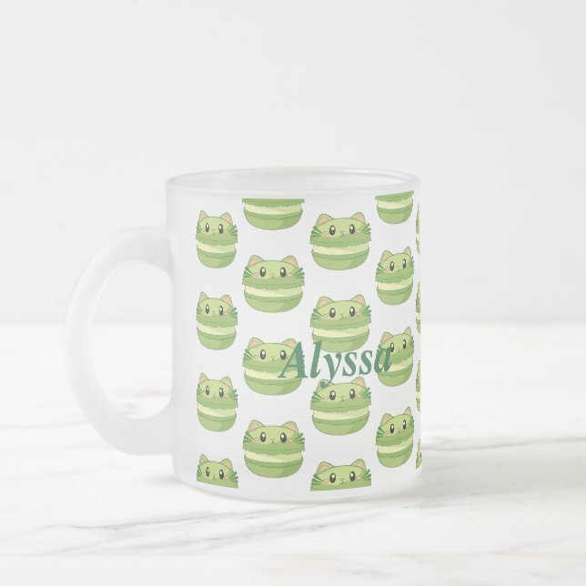 Kitty Cat Matcha Macaron Frosted Glass Coffee Mug (Left)