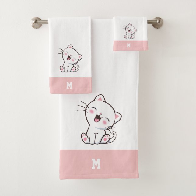 Kitty Cat & Monogram on Pink & White Bath Towel Se (Insitu)