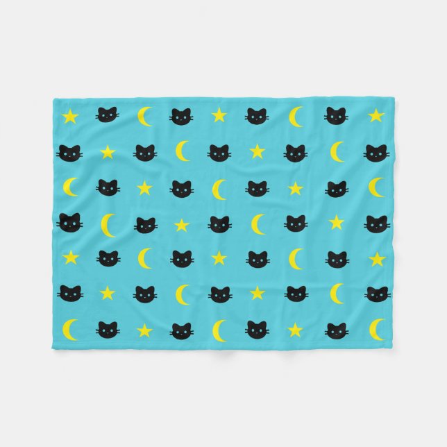 Kitty Cat Moon And Stars Polyester Fleece Blanket (Front (Horizontal))