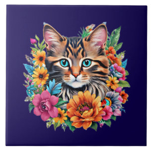 Kitty Cat on navy blue Tile