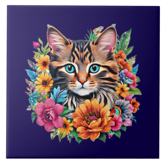 Kitty Cat on navy blue Tile (Front)