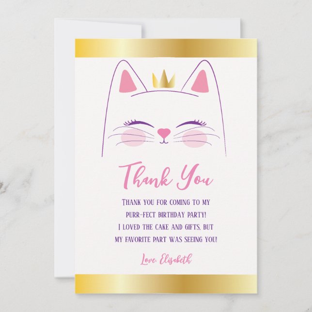 Kitty Cat Pink and Gold Birthday Party  Thank You Card (Front)