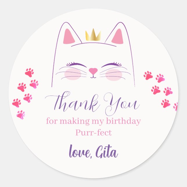 Kitty Cat Pink and Gold Classic Round Sticker (Front)