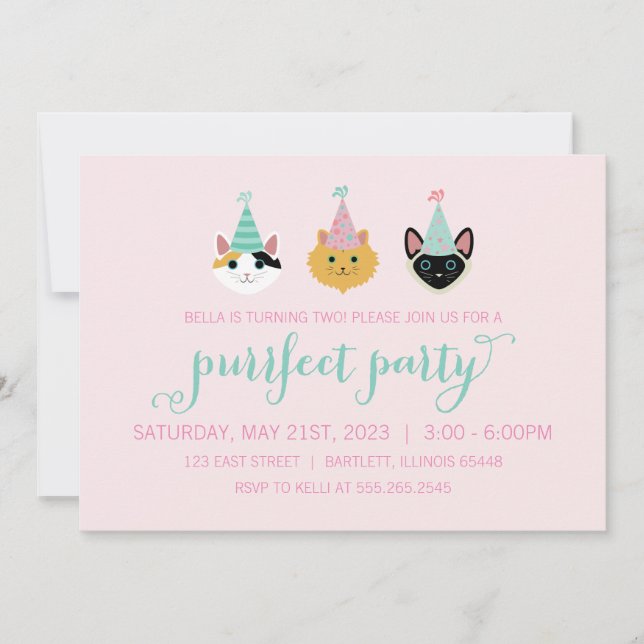 Kitty Cat Pink and Green Birthday Party, Kitten Invitation (Front)