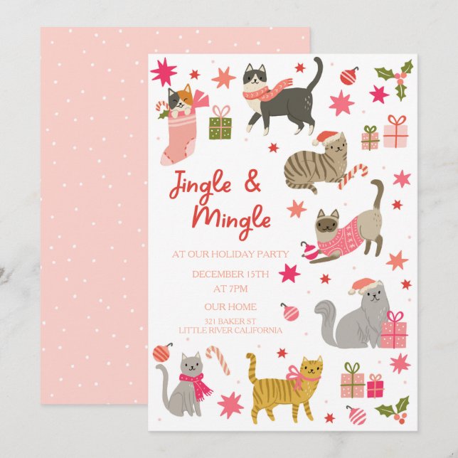 Kitty Cat Pink Christmas Party Invitation (Front/Back)