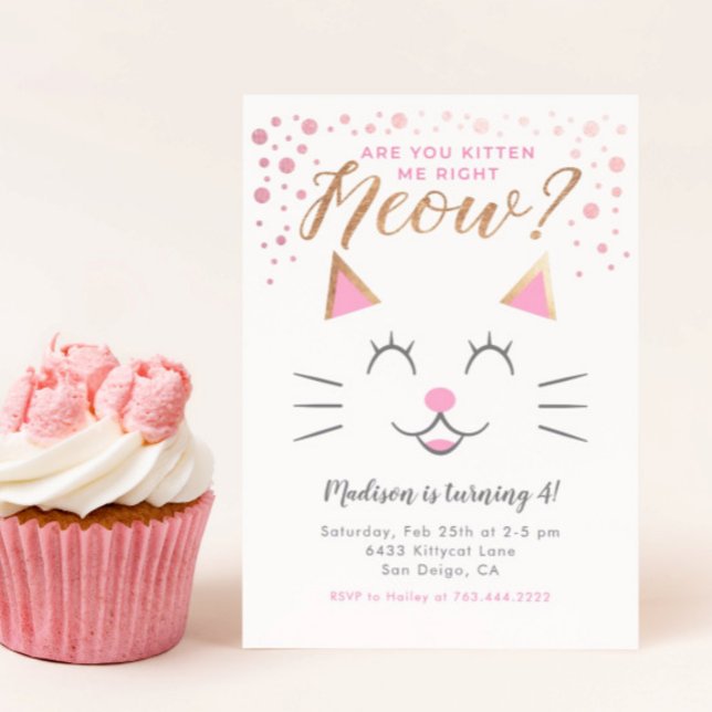 Kitty Cat Pink Gold Birthday Party Invitation (Creator Uploaded)