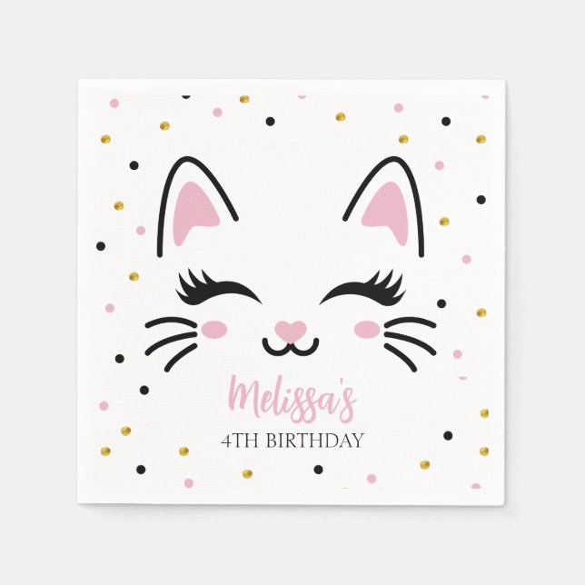 Kitty Cat Pink Gold Birthday Party  Napkin (Front)
