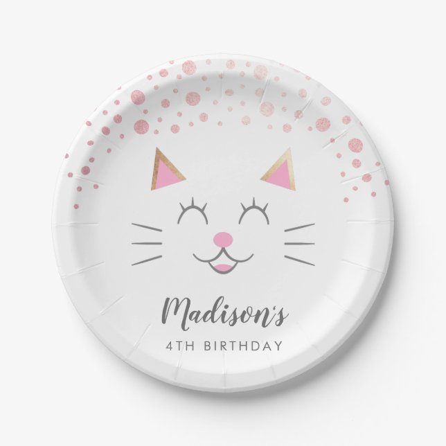 Kitty Cat Pink Gold Birthday Party Paper Plate (Front)